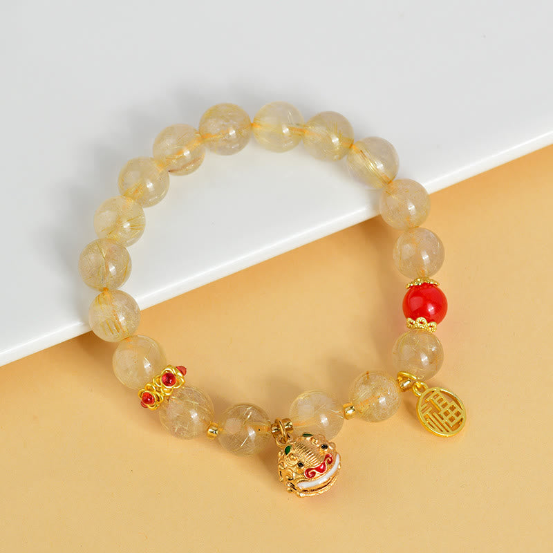 Nimara Ritual Natural Golden Rutilated Quartz Fu Character Charm Bell Wealth Bracelet