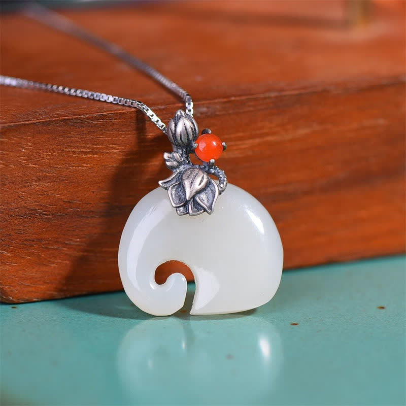 Nimara Ritual White Jade Elephant Lotus Protection Necklace Pendant