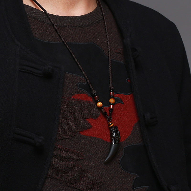 Nimara Ritual Natural Ice Obsidian Wolf Tooth Pattern Courage Necklace Pendant