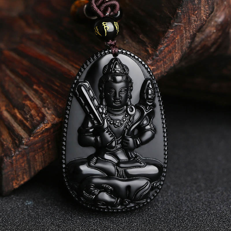 Nimara Ritual Chinese Zodiac Natal Buddha Natural Black Obsidian Purification Necklace Pendant