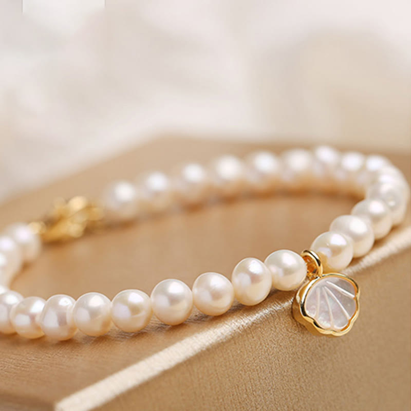 Nimara Ritual 14K Gold Plated Natural Pearl Crystal Shell Charm Bead Bracelet