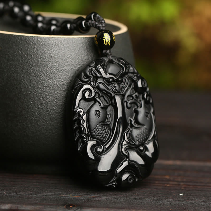 Nimara Ritual Black Obsidian Koi Fish Bead Rope Fulfilment Strength Necklace Pendant