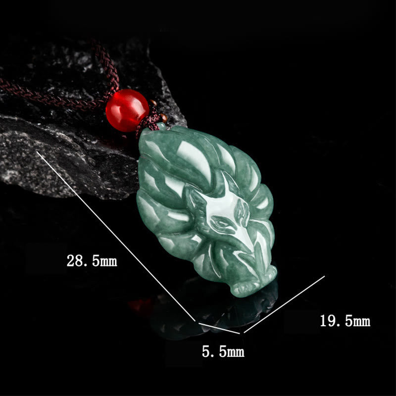 Nimara Ritual Natural Green Jade Nine Tailed Fox Luck Necklace Pendant