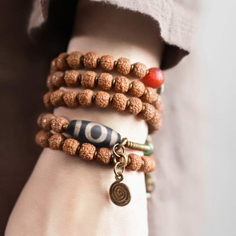 Nimara Ritual 108 Mala Rudraksha Beads Bodhi Seed Dzi Bead Luck Auspiciousness Tassel Bracelet