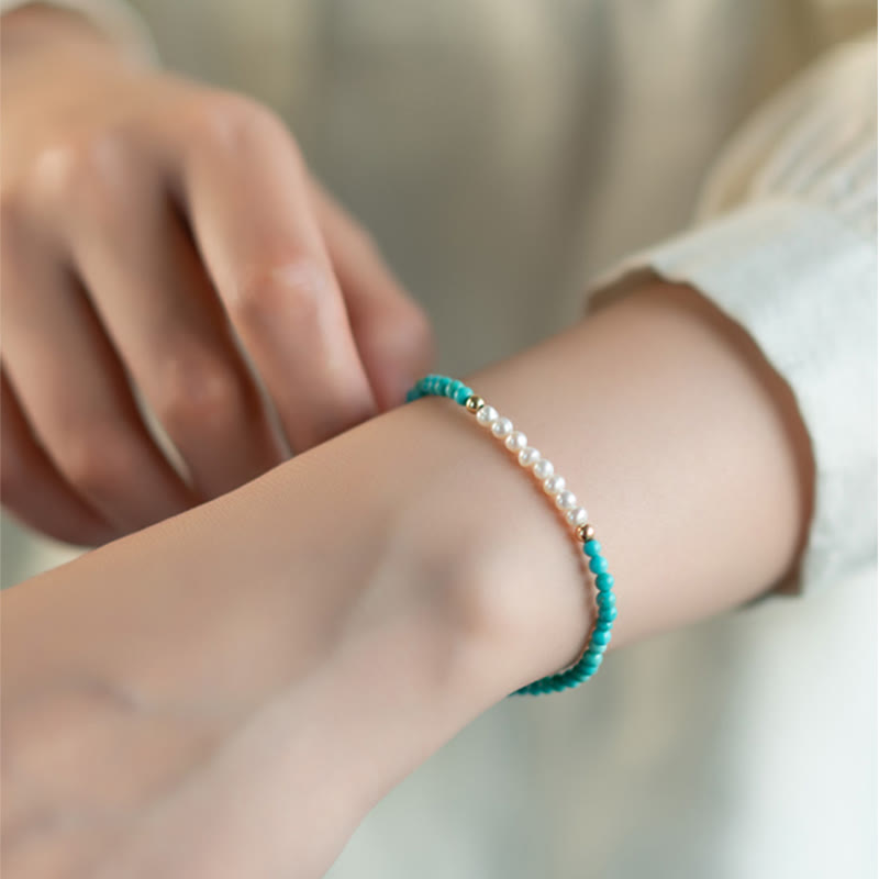 Nimara Ritual 925 Sterling Silver Natural Turquoise Pearl Beaded Bracelet
