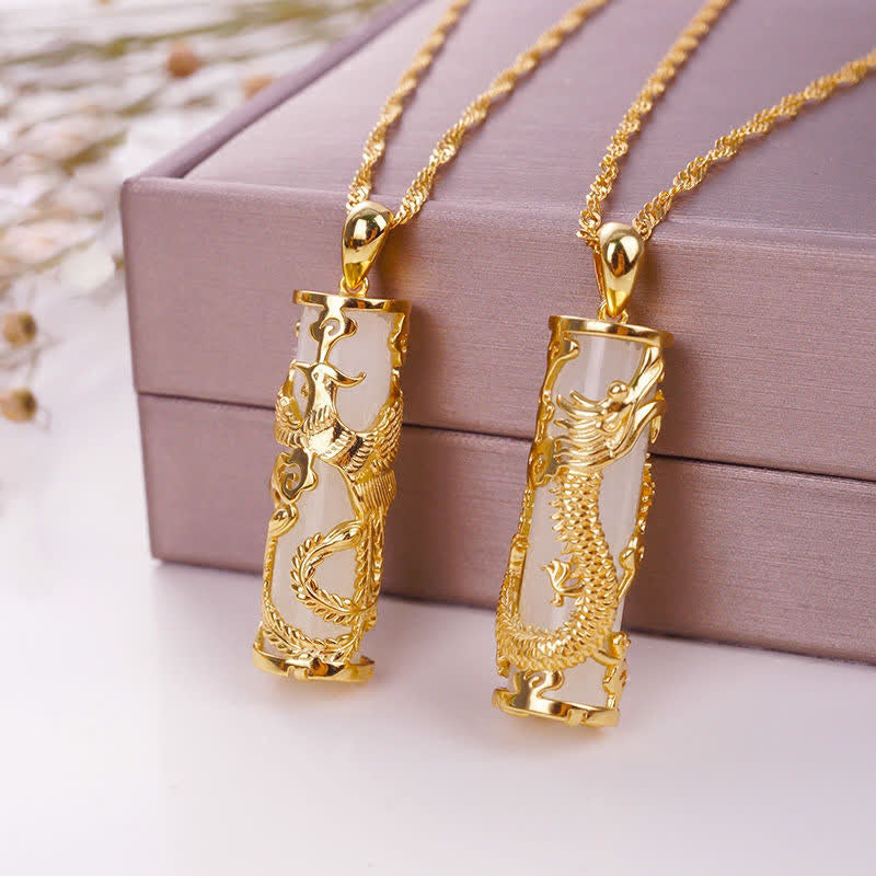 Nimara Ritual Jade Dragon Phoenix Copper Blessing Harmony Necklace Pendant