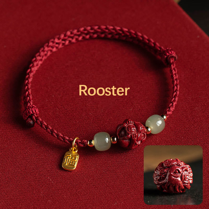Nimara Ritual Natural Cinnabar Chinese Zodiac Hetian Jade Fu Character Luck Rope Bracelet