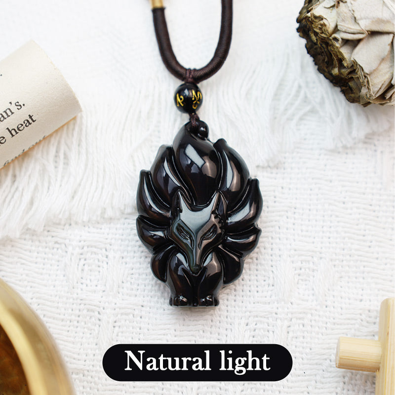 Nimara Ritual Natural Rainbow Obsidian Gold Sheen Obsidian Nine Tailed Fox Positive Necklace Pendant