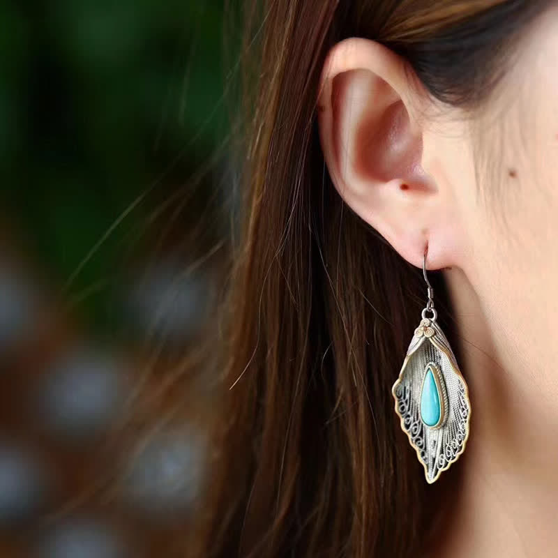 Nimara Ritual 925 Sterling Silver Turquoise Bodhi Leaf Pattern Protection Drop Dangle Earrings