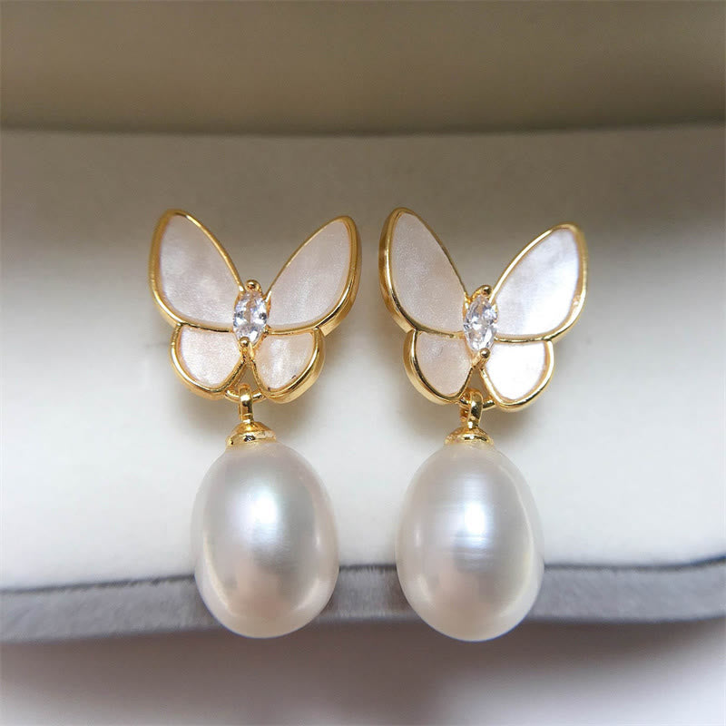 Nimara Ritual 925 Sterling Silver Posts 18K Gold Plated Copper Pearl Butterfly Optimism Stud Earrings