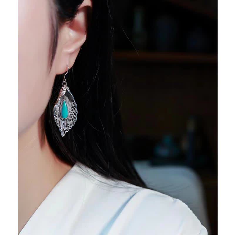 Nimara Ritual 925 Sterling Silver Turquoise Bodhi Leaf Pattern Protection Drop Dangle Earrings