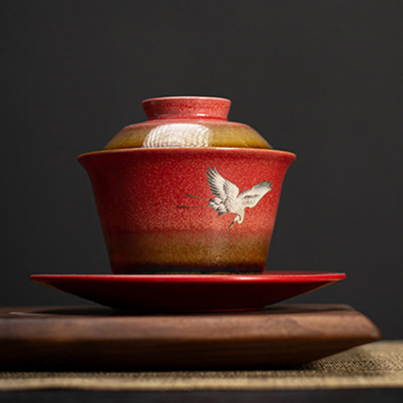 Nimara Ritual Red Auspicious Crane Ceramic Gaiwan Sancai Teacup Kung Fu Tea Cup And Saucer With Lid