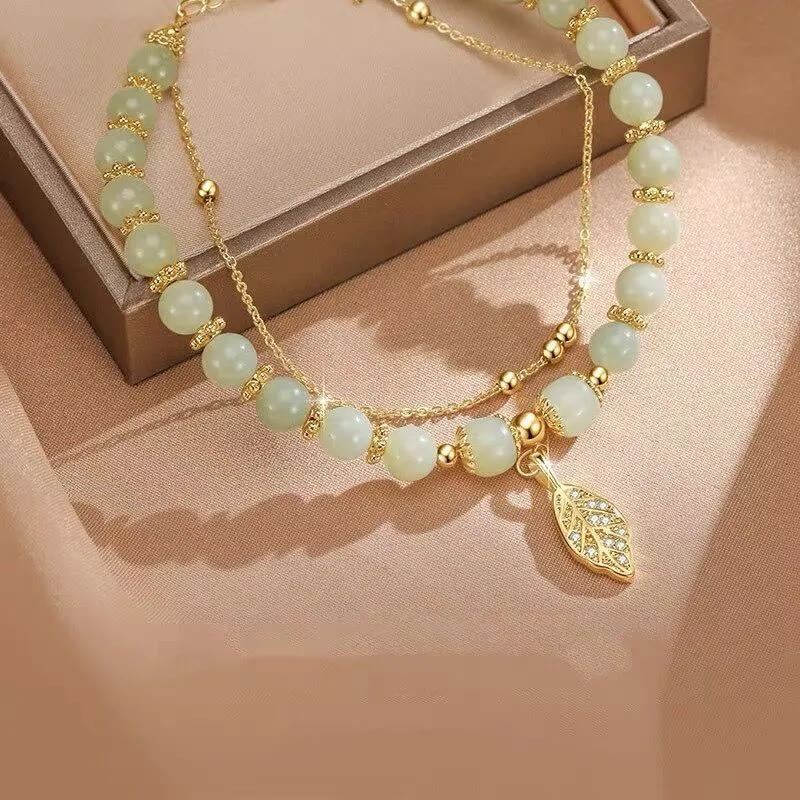 Nimara Ritual Jade Leaf Ginkgo Tulip Peanut Fu Character Luck Beaded Bracelet
