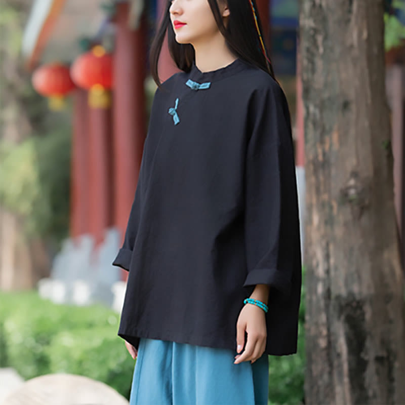 Nimara Ritual Ramie Linen Loose Blouse Women Long Sleeve Shirt Chinese Hanfu Top