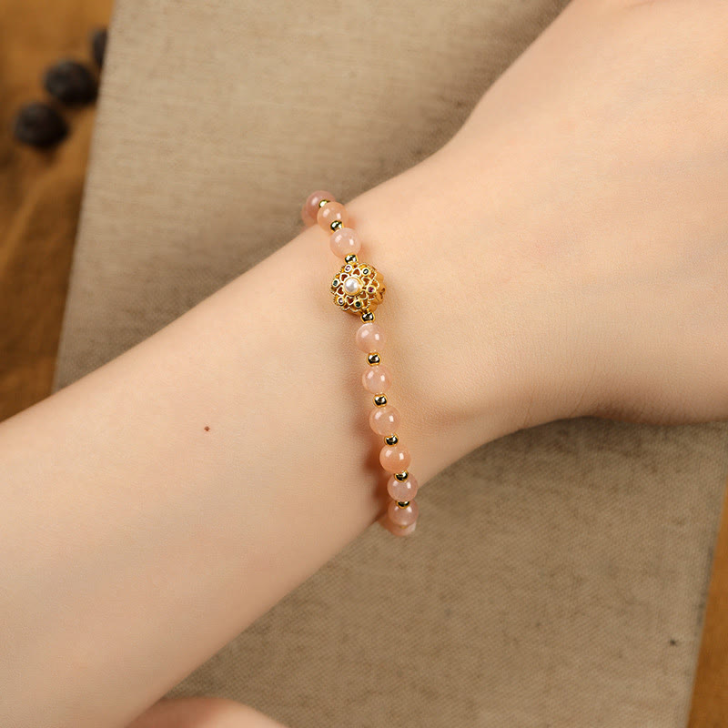 Nimara Ritual 14K Gold Plated Natural Strawberry Quartz Labradorite Sun Stone Fu Character Positive Charm Bracelet