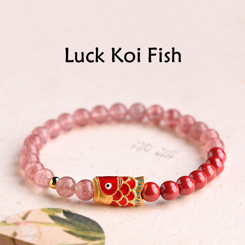 Nimara Ritual Natural Strawberry Quartz Cinnabar Lucky Koi Fish Healing Bracelet