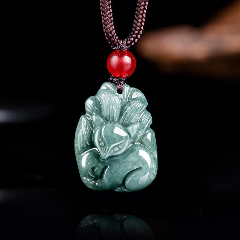 Nimara Ritual Natural Green Jade Nine Tailed Fox Engraved Prosperity Necklace Pendant