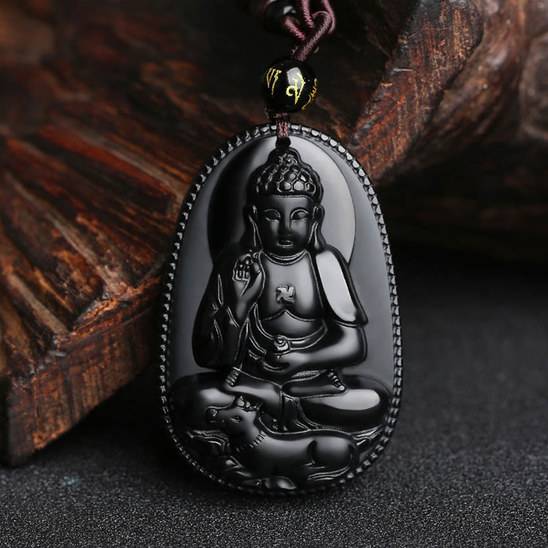 Nimara Ritual Chinese Zodiac Natal Buddha Natural Black Obsidian Purification Necklace Pendant