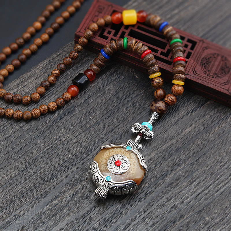Nimara Ritual Tibetan Wenge Wood Bodhi Seed Agate Elephant Protection Necklace Pendant