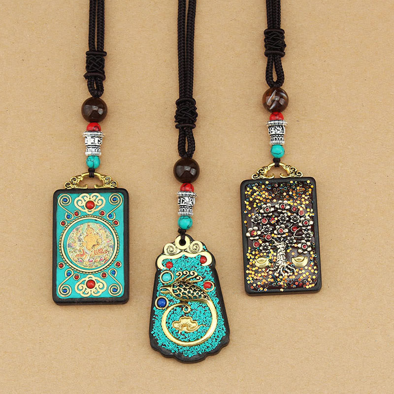 Nimara Ritual Tibet God Of Wealth Money Tree Golden Phoenix Thangka Ebony Peace Necklace Pendant
