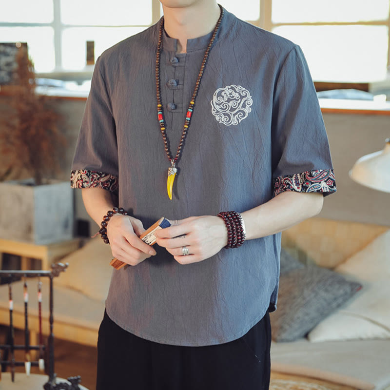 Nimara Ritual Frog-Button Dragon Embroidery Chinese Tang Suit Short Sleeve Shirt Men Clothing