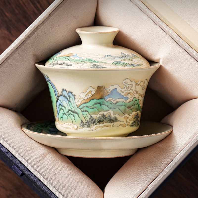 Nimara Ritual A Panorama of Rivers and Mountains Flowers Ceramic Gaiwan Sancai Teacup Kung Fu Tea Cup And Saucer With Lid