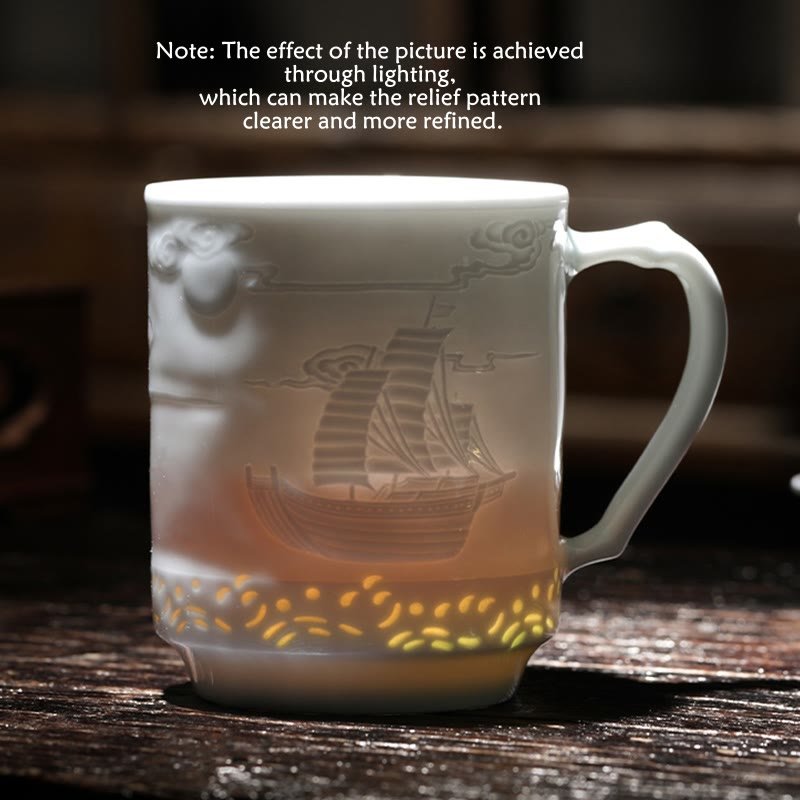 Nimara Ritual Jingdezhen Linglong Porcelain Auspicious Dragon Phoenix Boat Smooth Sailing Ceramic Teacup Office Tea Cups 420ml