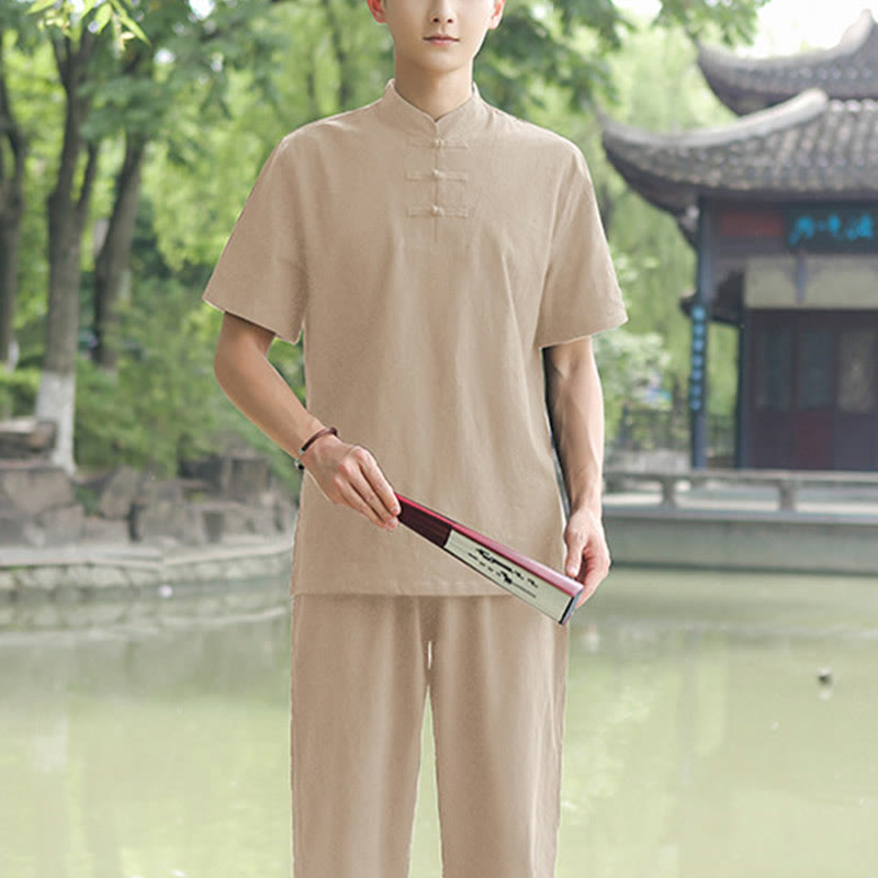 Nimara Ritual 2Pcs Men's Short Sleeve Shirt Top T-Shirt Pants Meditation Zen Tai Chi Cotton Linen Clothing Set