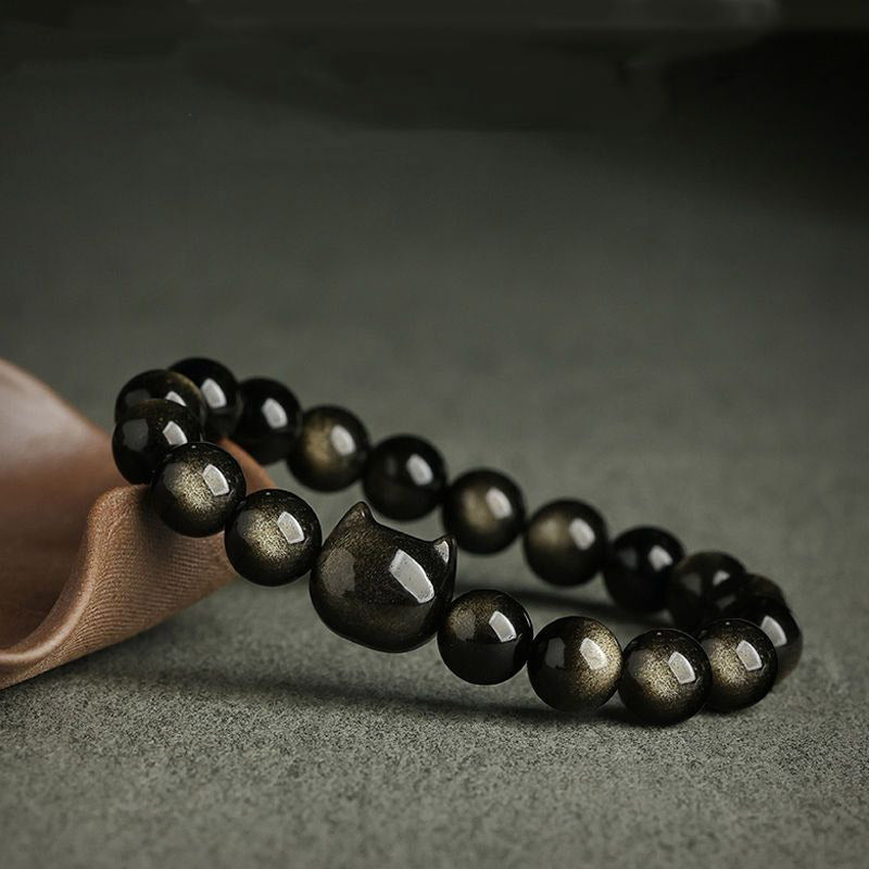 Nimara Ritual Gold Sheen Obsidian Silver Sheen Obsidian Lovely Paw Lucky Cat Protection Bracelet