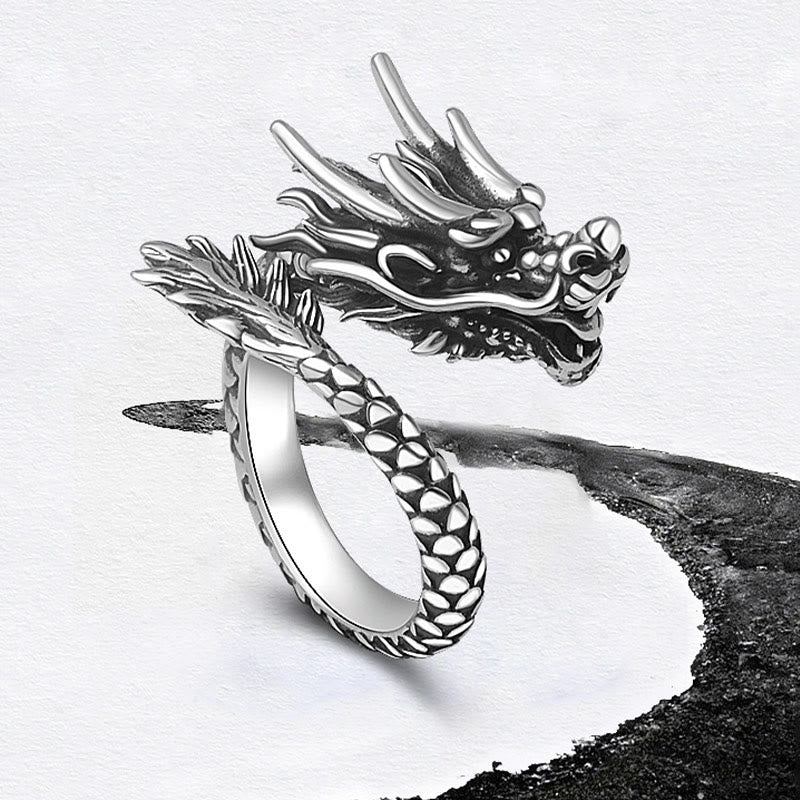 Nimara Ritual 990 Sterling Silver Vintage Dragon Design Luck Protection Strength Adjustable Ring