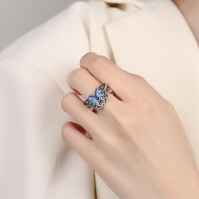 Nimara Ritual Hollow Enamel Blue Butterfly Pattern Love Ring
