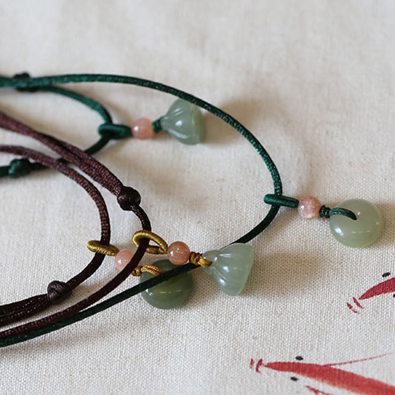 Nimara Ritual Natural Round Jade Peace Buckle Lotus Abundance String Necklace Pendant