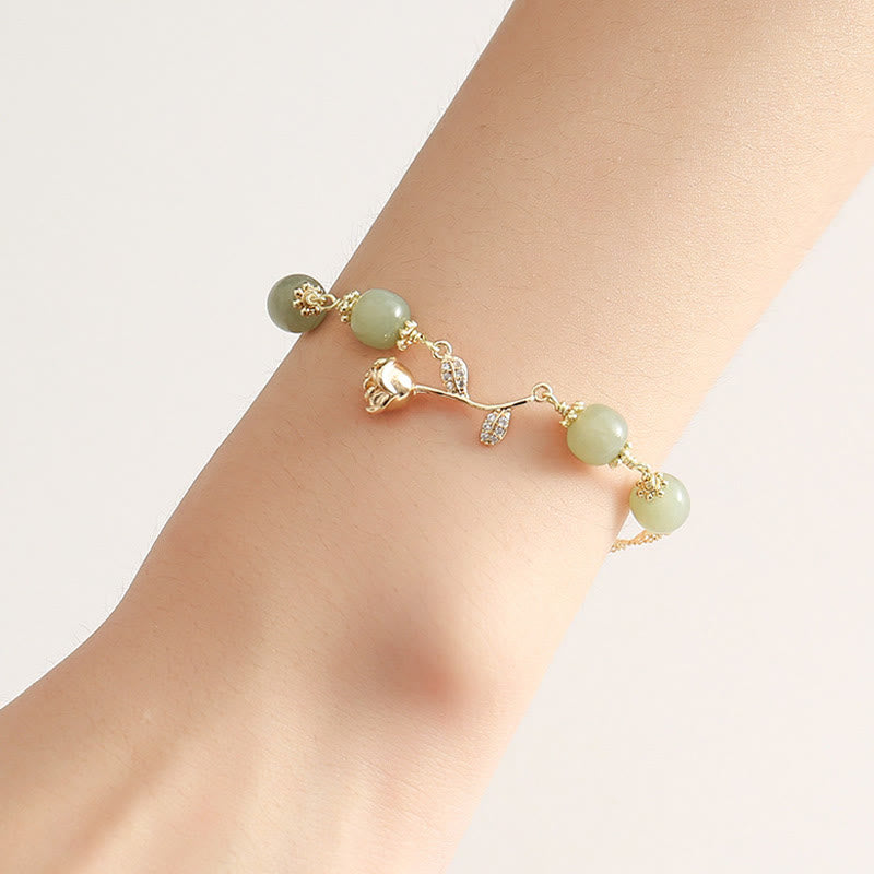 Nimara Ritual 14K Gold Plated Hetian Jade Golden Rose Flower Luck Chain Bracelet