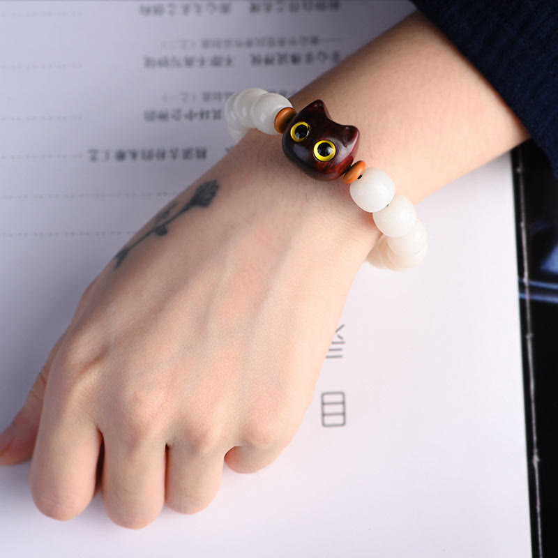 Nimara Ritual Natural Bodhi Seed Small Leaf Red Sandalwood Ebony Wood Cute Lucky Cat Wisdom Bracelet