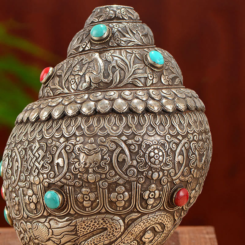 Nimara Ritual Tibetan Handmade Natural Shankha Engraved Eight Auspicious Symbols Conch Shell Lucky Home Decoration