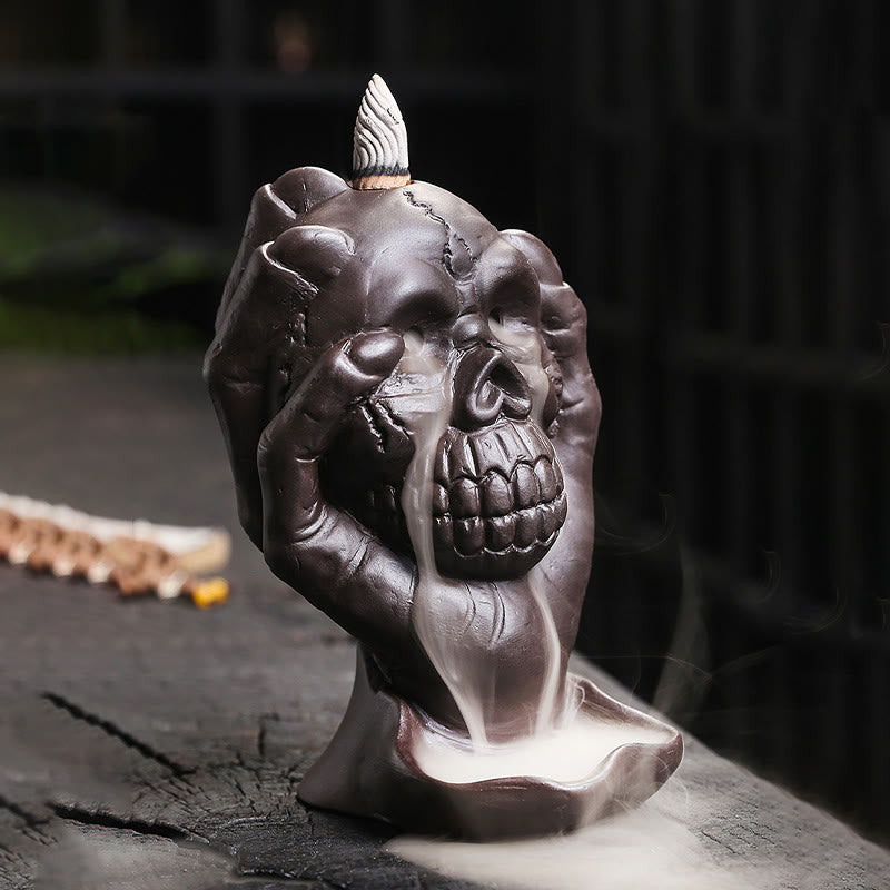 Nimara Ritual Halloween Skull With Ghost Hand Purple Clay Spiritual Incense Burner Decoration