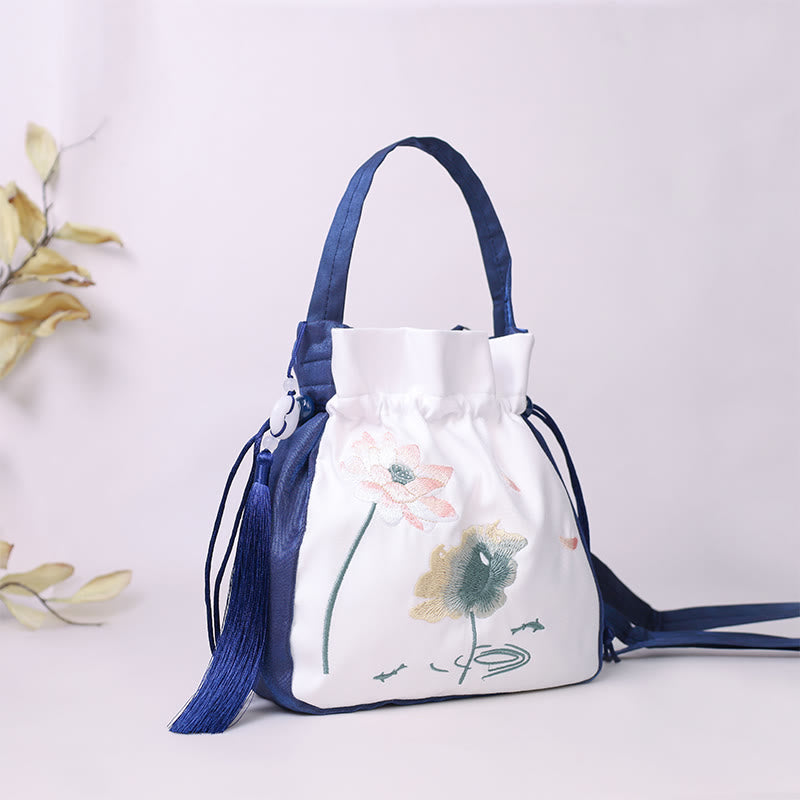 Nimara Ritual Embroidered Lotus Koi Fish Crane Camellia Cotton Linen Tote Crossbody Bag Shoulder Bag Handbag