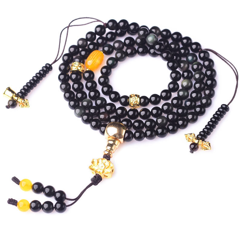 Nimara Ritual 108 Beads Natural Black Obsidian Lotus Fulfilment Mala Bracelet
