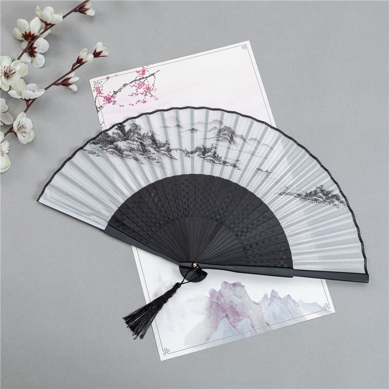 Nimara Ritual Mountains Plum Blossom Lotus Magpie Bamboo Leaves Handheld Silk Bamboo Folding Fan 22.5cm