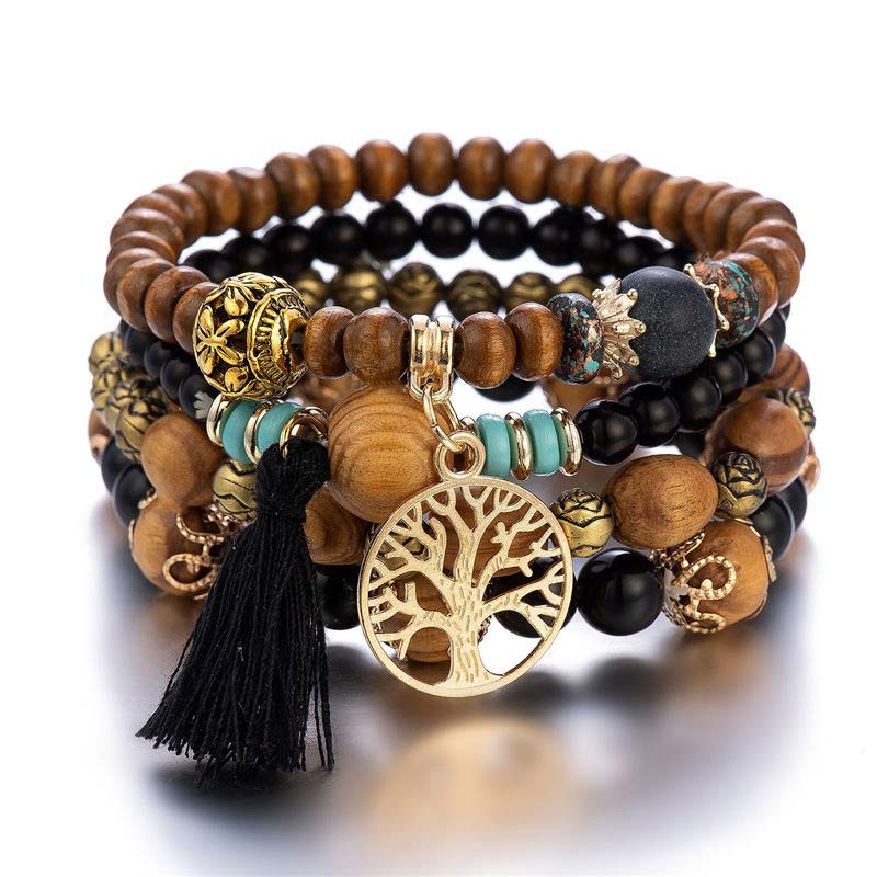 Nimara Ritual Wenge Wood Layered Tree Tassel Healing Bracelet