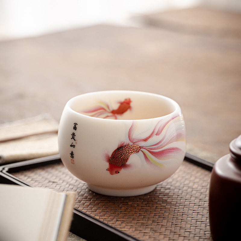 Nimara Ritual Koi Fish White Porcelain Ceramic Teacup Kung Fu Tea Cup