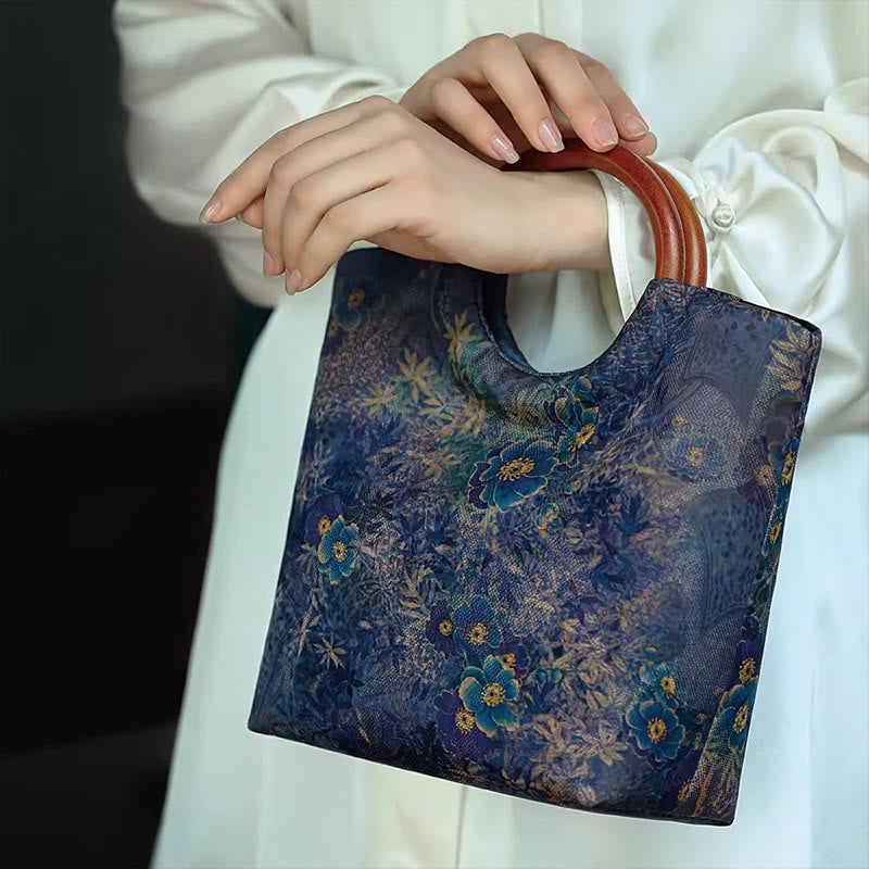 Nimara Ritual Peony Flower Bamboo Leaves Bird Solid Wood Handle Handbag