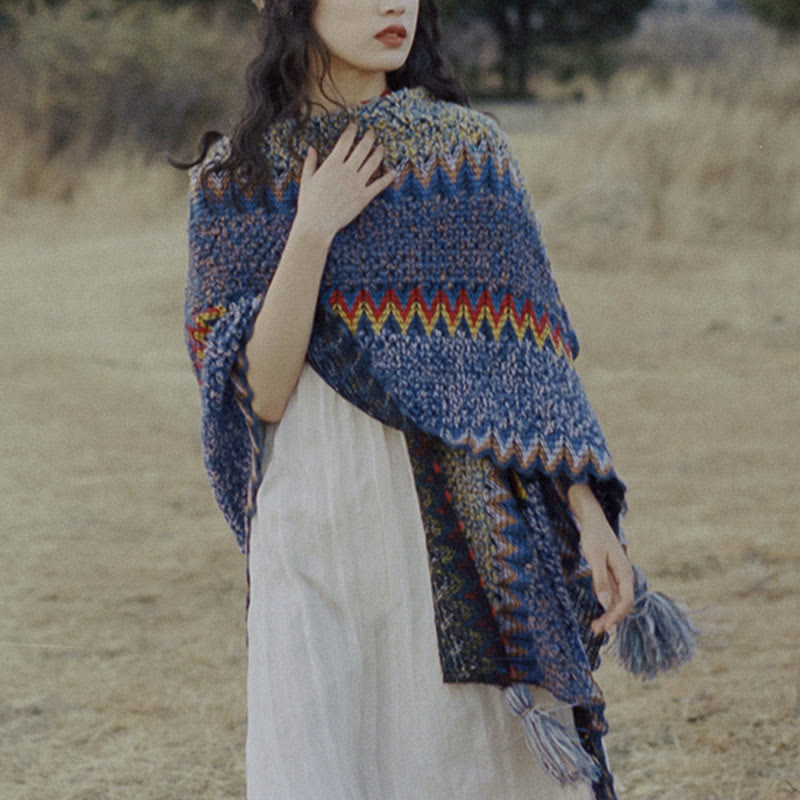 Nimara Ritual Tibetan Shawl Soft Warm Knitting Cloak Winter Tibetan Tassel Scarf