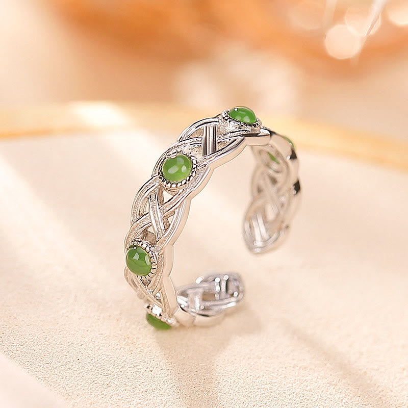 Nimara Ritual 925 Sterling Silver Plated Gold Cyan Jade Braided Design Success Luck Adjustable Ring