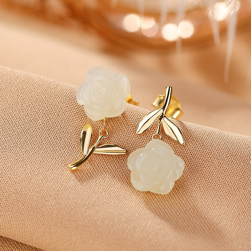 Nimara Ritual 925 Sterling Silver Plated Gold Jade Rose Flower Cyan Jade Pearl Luck Earrings
