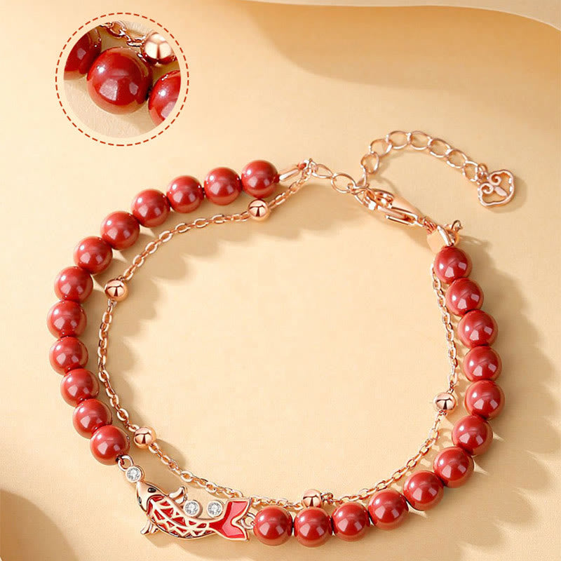 Nimara Ritual 925 Sterling Silver Lucky Koi Fish Cinnabar Zircon Prosperity Double Layer Chain Bracelet