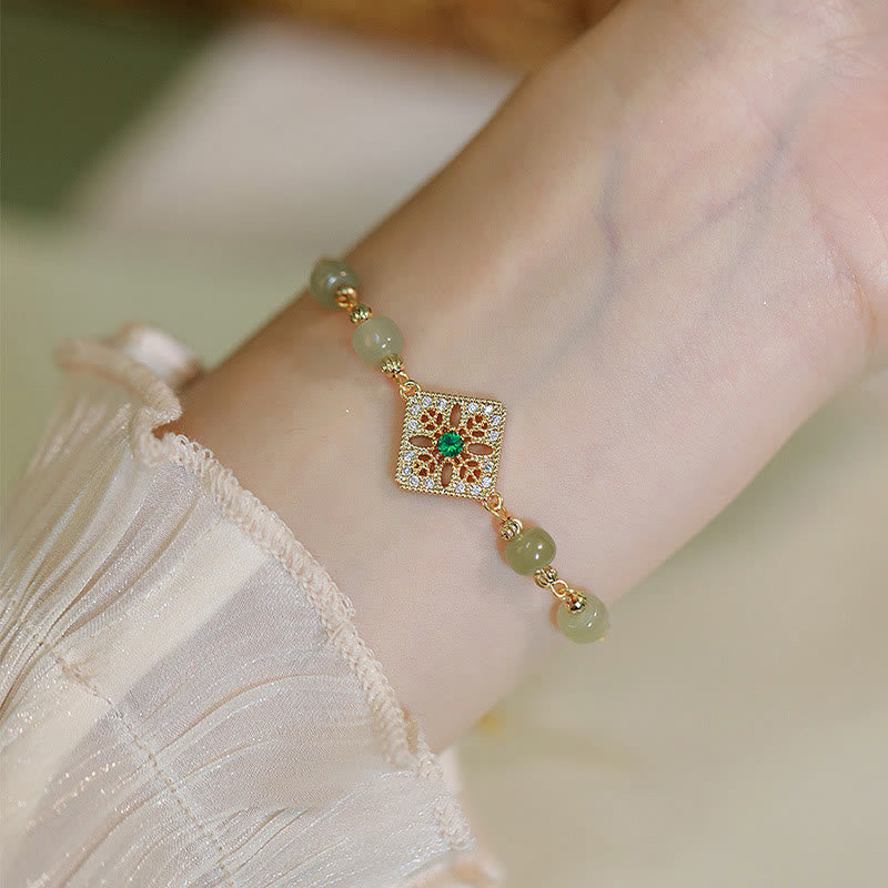 Nimara Ritual Natural Hetian Jade Bead Square Pattern Luck Chain Bracelet