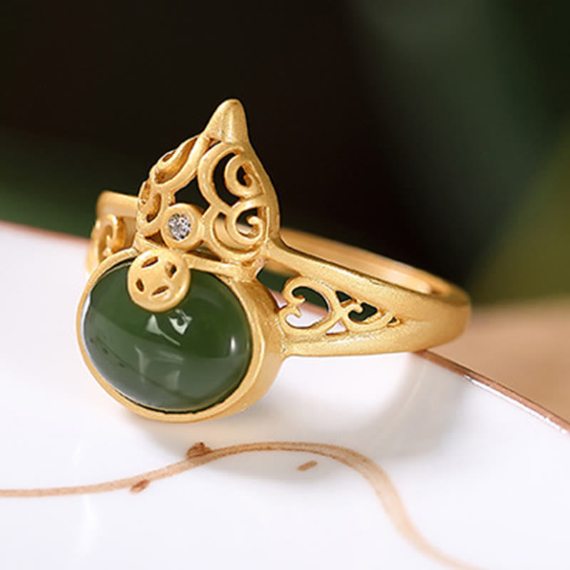 Nimara Ritual Gourd Cyan Jade Copper Coin Success Luck Adjustable Ring