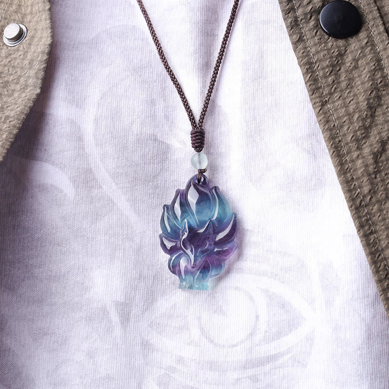 Nimara Ritual Natural Fluorite Gold Sheen Obsidian Fox Pendant Protection Necklace