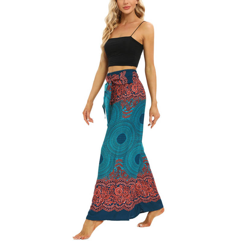 Nimara Ritual Bohemian Compass Flower Print Lace-up Wide Leg Pants Women's Yoga Pants